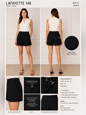 Lafayette 148 New York Tailored Shorts Size 10 Black